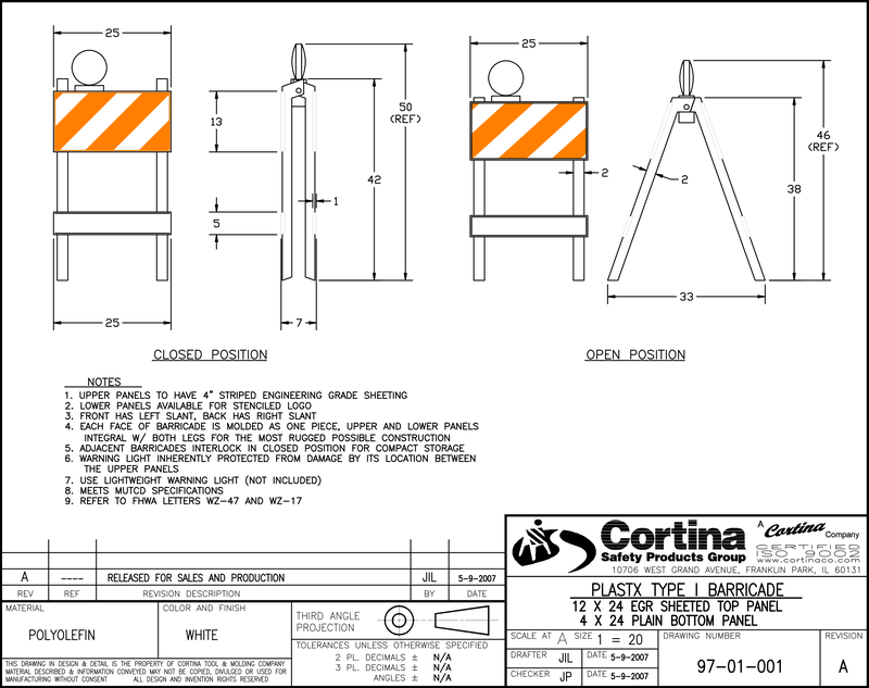 Plastx Barricade - Type I – Sheeted Top Panel: 24"W x 12"H, Sheeted Bottom Panel: 24"W x 8"H-4